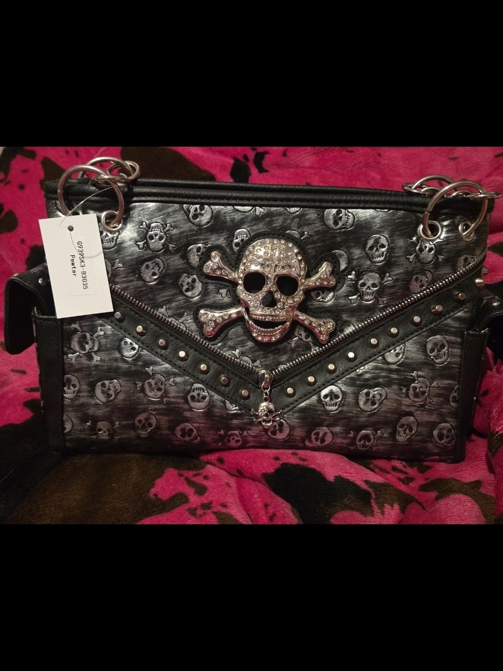 Black Skull Studded Crossbody Bag with Crystal Accent